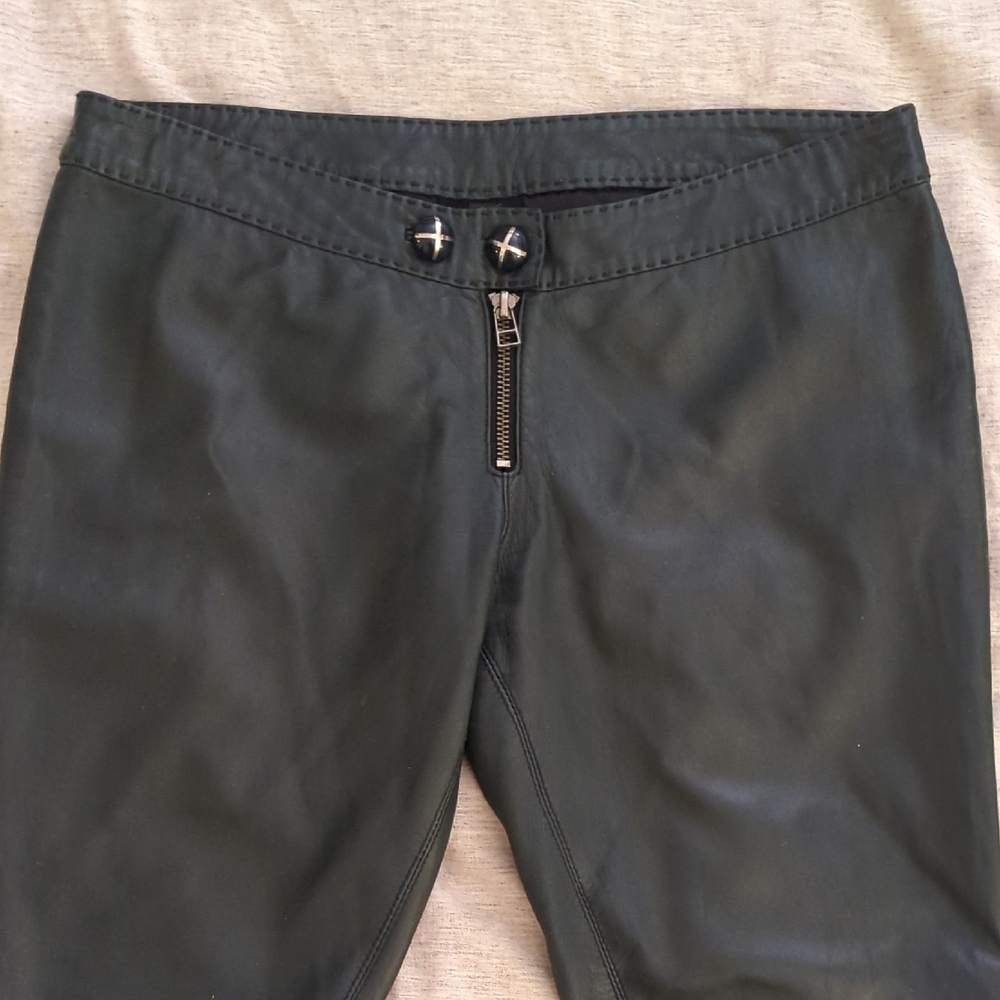 Mackage: Dark Green Lambskin Leather Pants with Zipper Detail